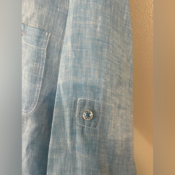 Bugatchi Shaped Fit 100% Linen Light Blue Button-Up Shirt Roll Top Sleeves M - Picture 7 of 13